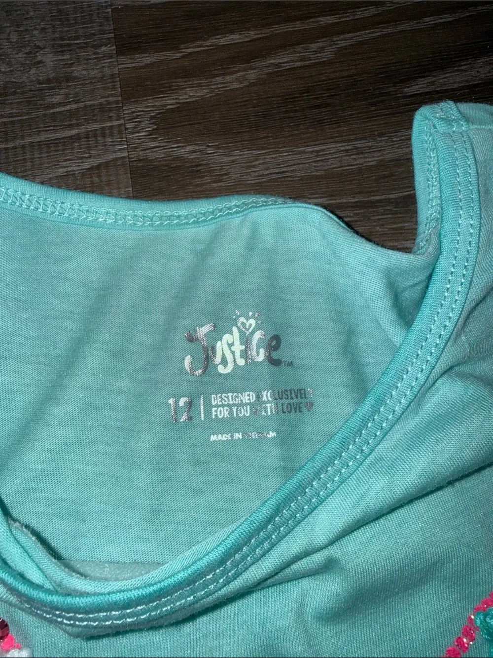Justice Mint Green Tank Top with Pink & Gold Necklace Print